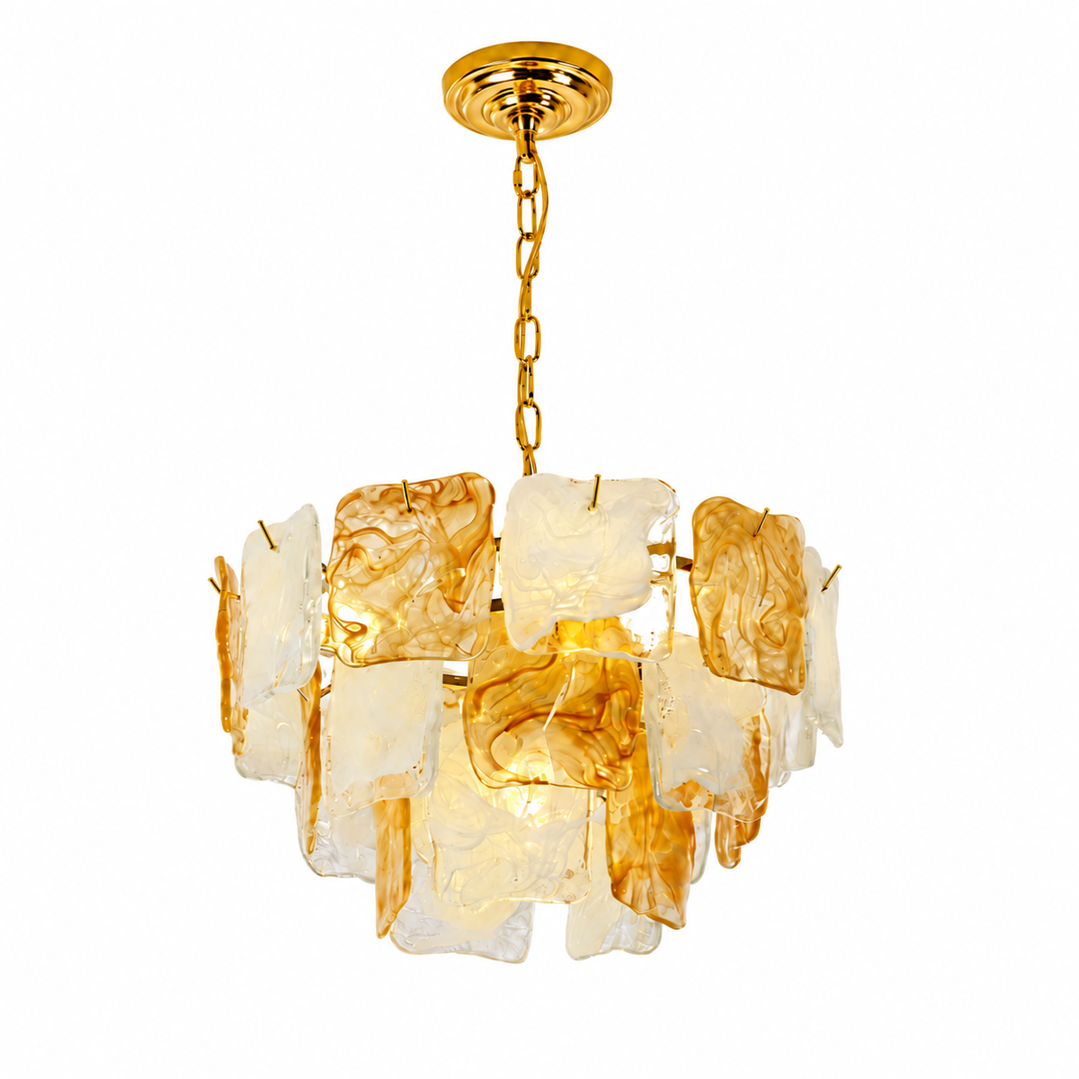 A modern chandelier featuring irregular, layered translucent glass or resin plates in frosted white and warm amber-brown tones, suspended from a polished gold chain and ceiling canopy against a plain white background.