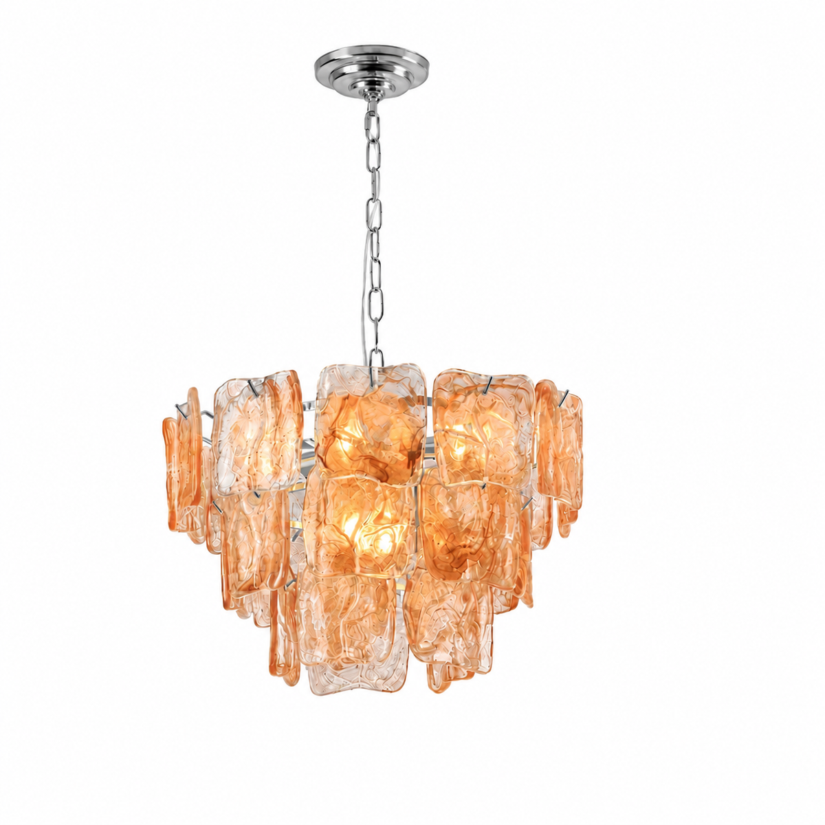 A modern multi-light chandelier featuring textured, warm amber-orange glass blocks suspended from a polished silver-tone metal chain and canopy, shown against a plain white background.