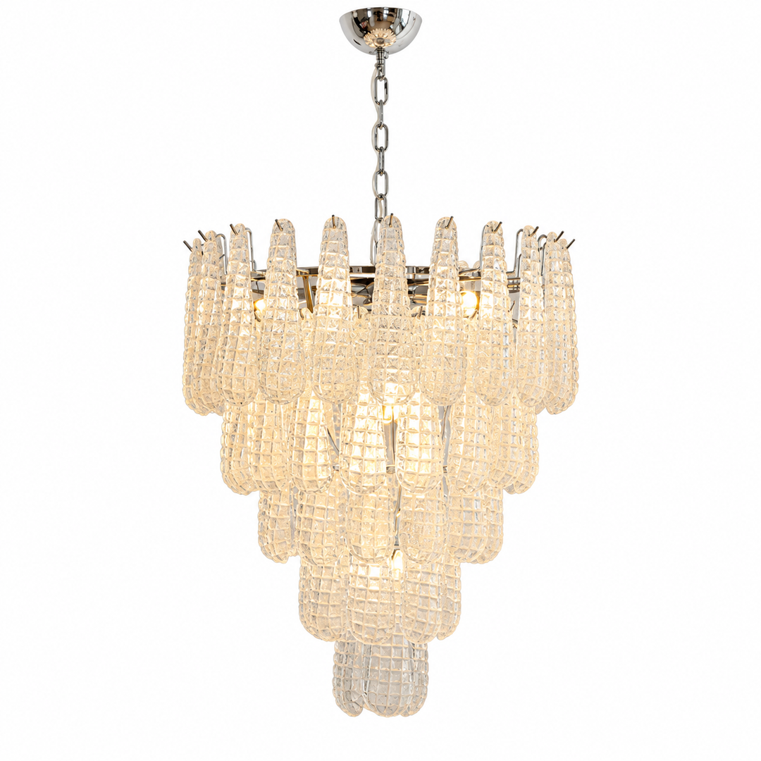 A tiered chandelier with clear textured glass candle-style drops and a polished silver-tone metal canopy and chain, shown against a plain white background.