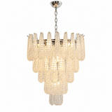 A tiered chandelier with clear textured glass candle-style drops and a polished silver-tone metal canopy and chain, shown against a plain white background.