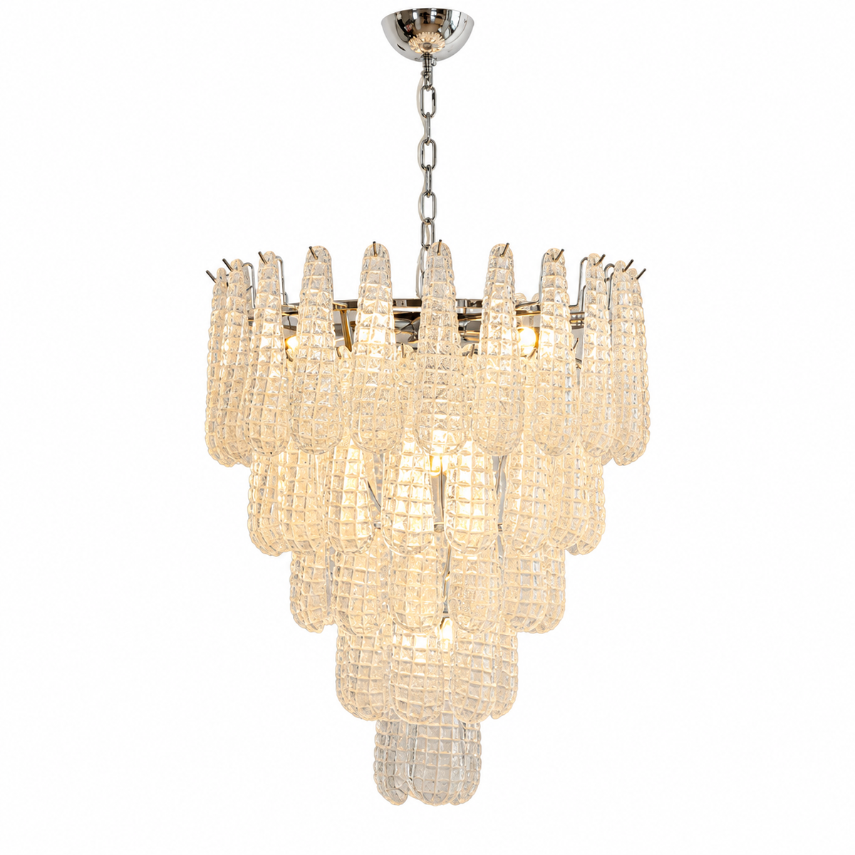 A tiered chandelier with clear textured glass candle-style drops and a polished silver-tone metal canopy and chain, shown against a plain white background.