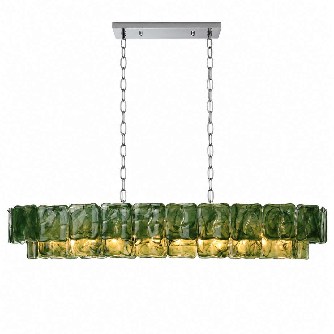 Linear chandelier with two tiers of rippled green glass panels and silver-tone suspension chains, illuminated against a white background.