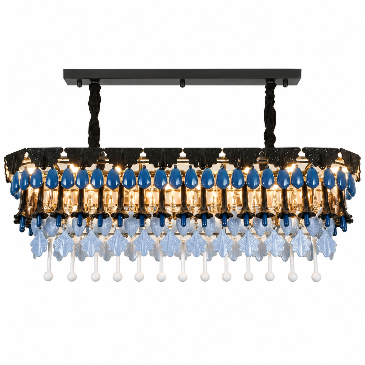A rectangular chandelier with a black metal frame, blue glass teardrop accents, and cascading clear glass crystal drops, shown against a plain white background.