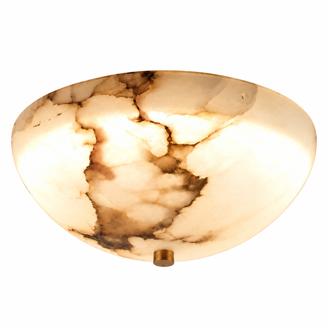 A semi-flush mount ceiling light fixture featuring a warm white and brown marbled onyx glass shade with a small gold-finished metal canopy at the bottom.