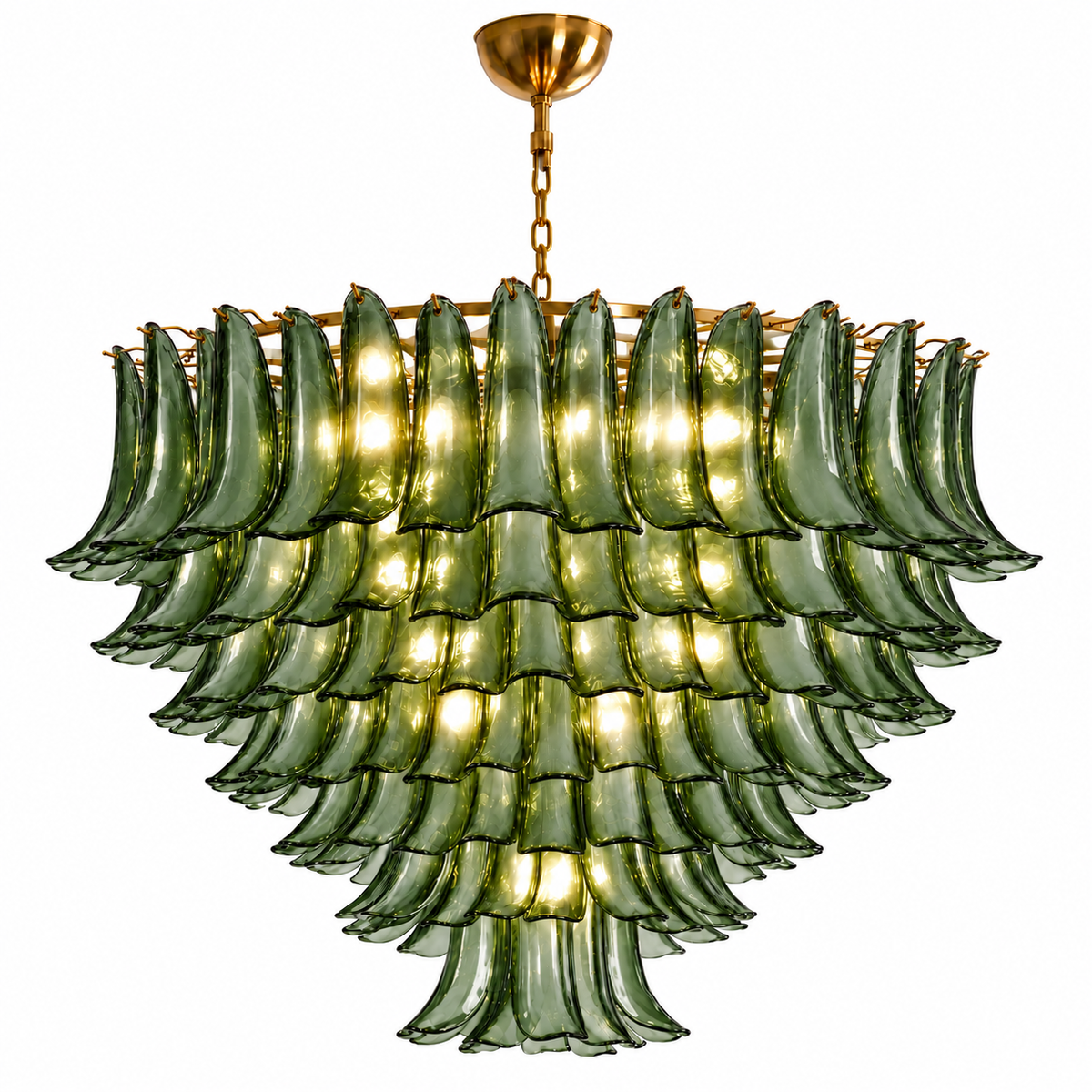 A tiered chandelier featuring multiple curved, translucent olive-green glass shades arranged in concentric rings, suspended from a gold-toned metal canopy and chain against a plain white background.