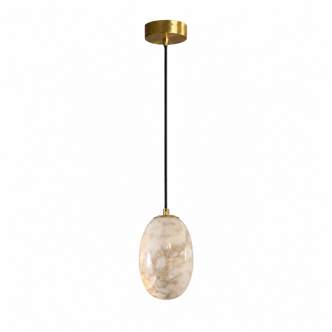 A modern pendant light with a polished gold ceiling canopy, a black cord, and a glossy oval glass shade featuring a warm beige and gold marble pattern, shown against a solid white background.