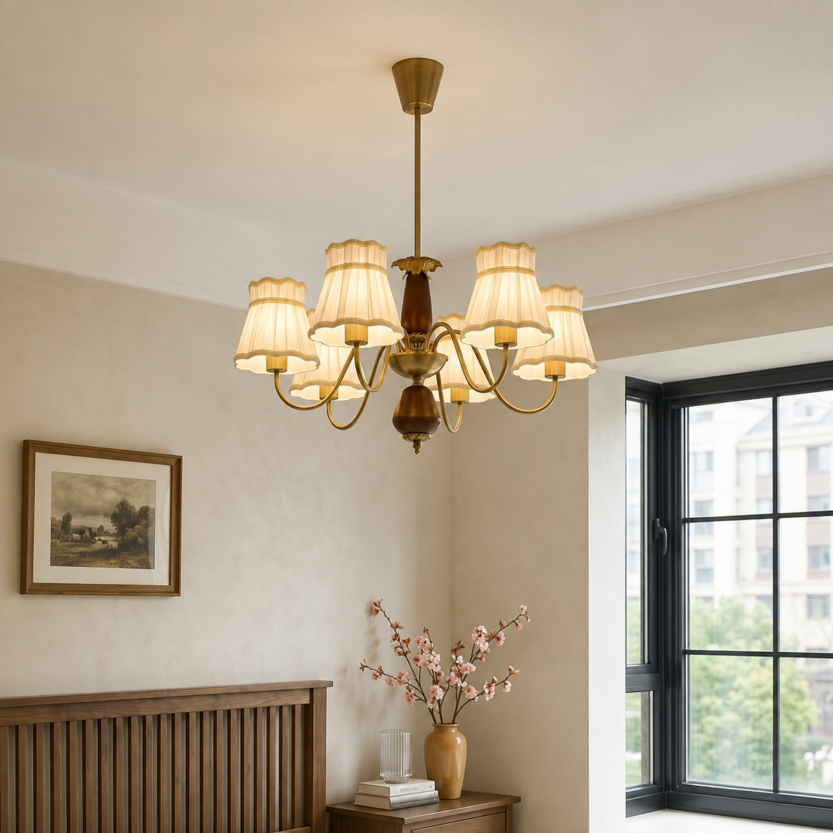 A multi-light brass chandelier with cream fabric shades hangs in a warm, modern bedroom setting next to a window.