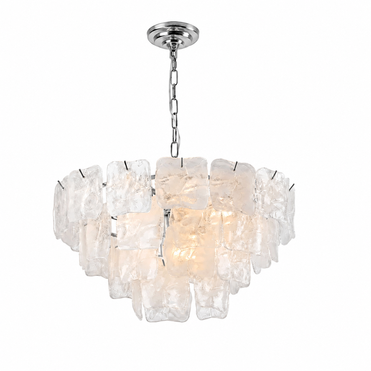 A modern multi-light chandelier featuring irregular, textured clear glass or acrylic blocks suspended in a tiered arrangement, with a polished silver metal chain and canopy, shown against a plain white background.