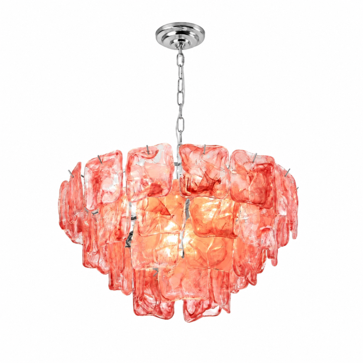 A modern multi-light pendant chandelier featuring textured, overlapping translucent coral-pink glass shades suspended from a polished silver-tone chain and ceiling canopy.