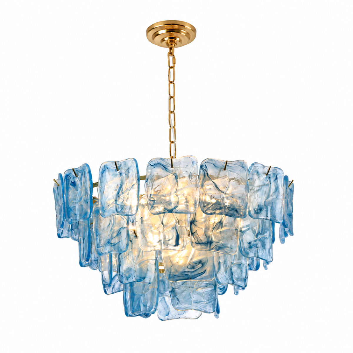 A modern chandelier featuring a tiered arrangement of translucent light blue glass blocks with a brushed gold metal frame, chain, and ceiling canopy, shown against a plain white background.