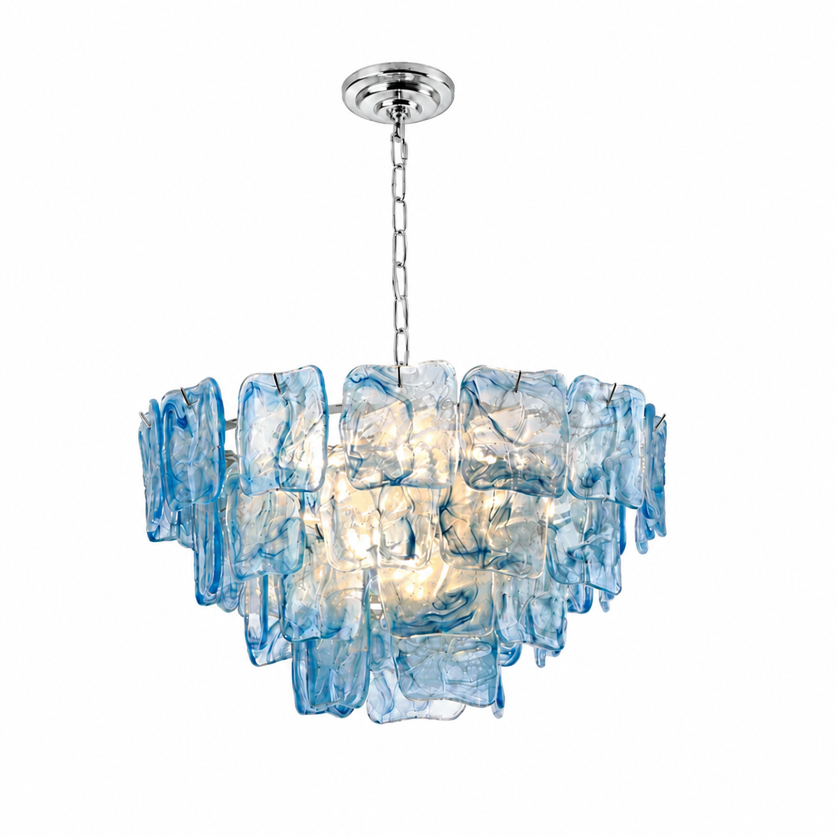 A modern multi-light chandelier featuring textured, layered blue glass panels that glow with warm light, suspended from a polished silver ceiling canopy and chain against a solid white background.