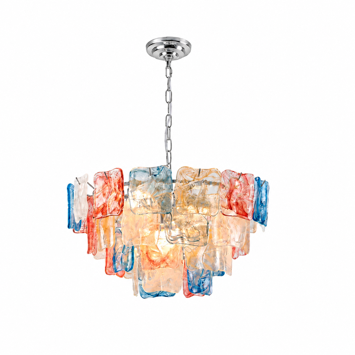 A modern multi-light chandelier featuring a brushed silver metal canopy and chain, with multiple tiers of translucent glass shades in red, blue, and warm yellow-orange tones, shown against a plain white background.