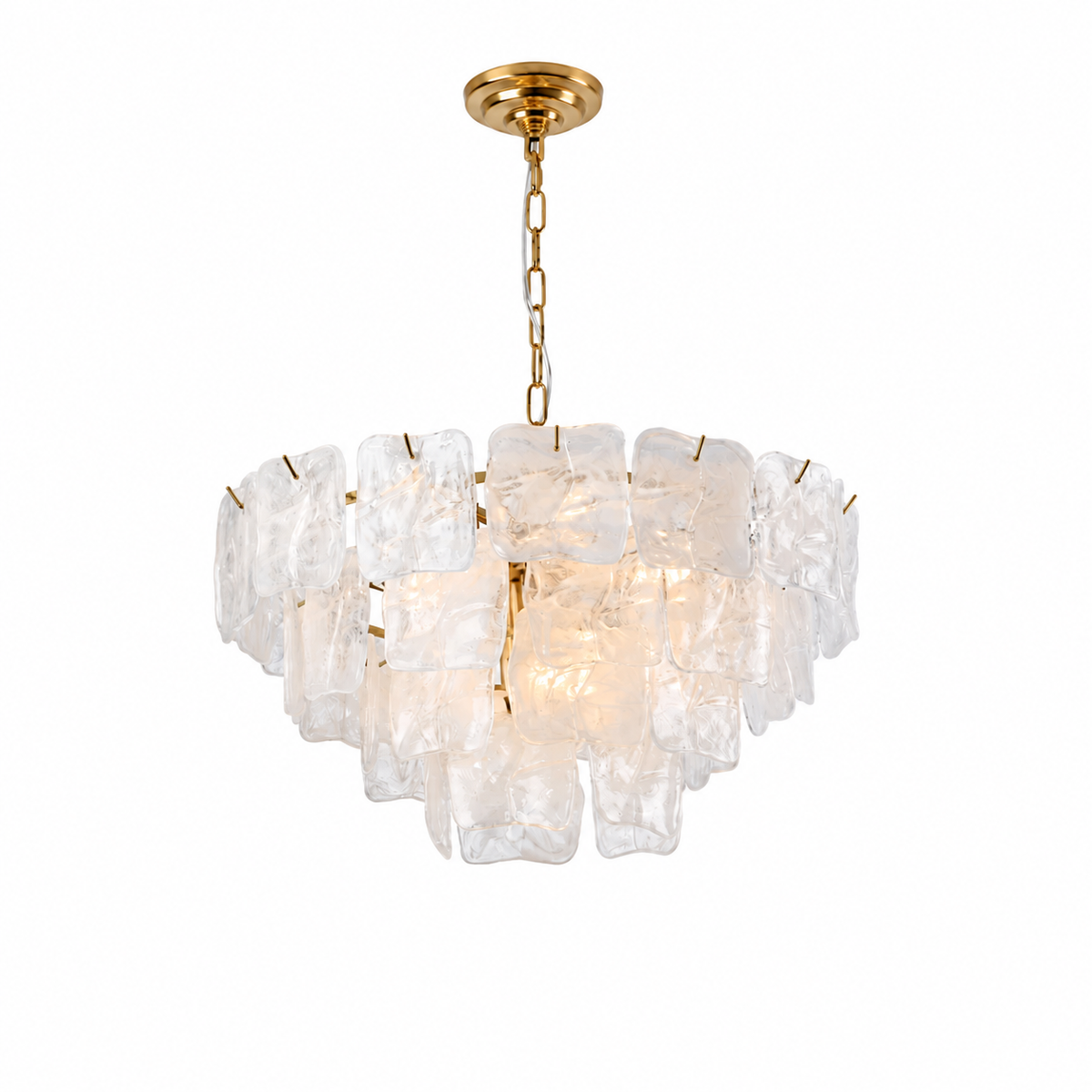 A modern multi-light chandelier featuring clear, irregularly shaped ice-like glass blocks suspended in a tiered circular arrangement, with a polished gold brass chain and ceiling canopy, shown against a solid white background.