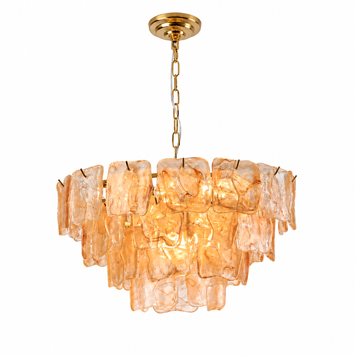 A modern chandelier featuring a tiered arrangement of translucent amber-orange glass plates suspended from a polished gold-toned brass frame and chain.