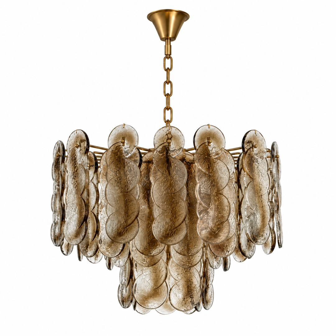 A modern chandelier featuring textured, petal-like smoked glass shades suspended from a gold-toned brass frame and chain, shown against a plain white background.