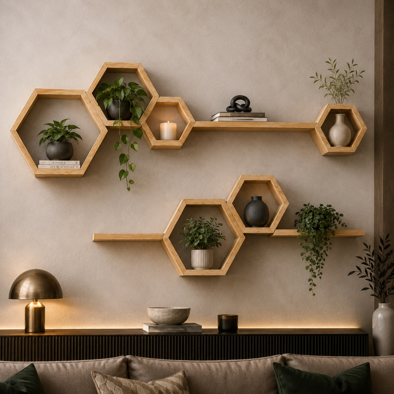 Hexagonal wooden floating wall shelves styled in a modern living room setting, holding various potted green plants, ceramic vases, books, and a lit candle against a textured beige wall.