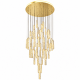 A modern multi-light chandelier with a circular gold ceiling canopy, multiple vertical gold rods, and numerous clear faceted cylindrical glass shades of varying lengths, shown against a plain white background.
