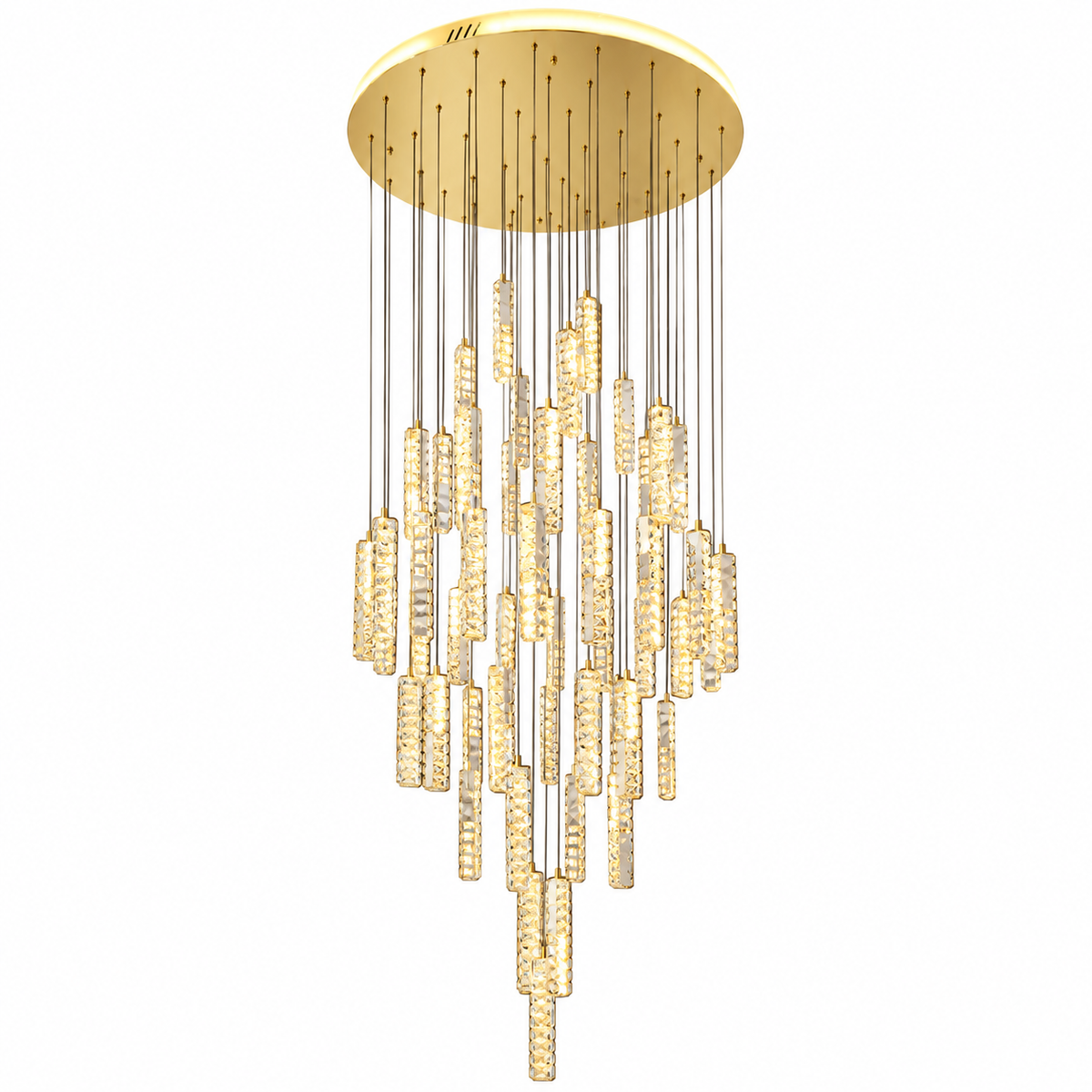 A modern multi-light chandelier with a circular gold ceiling canopy, multiple vertical gold rods, and numerous clear faceted cylindrical glass shades of varying lengths, shown against a plain white background.