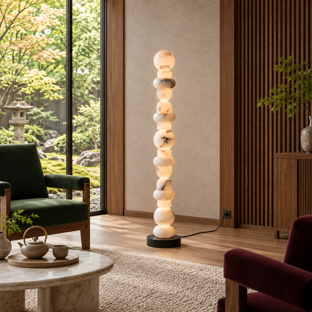 A tall, modern floor lamp made of stacked glowing stone spheres on a black base, placed in a styled living room with wood slats, chairs, and a window view of a garden.
