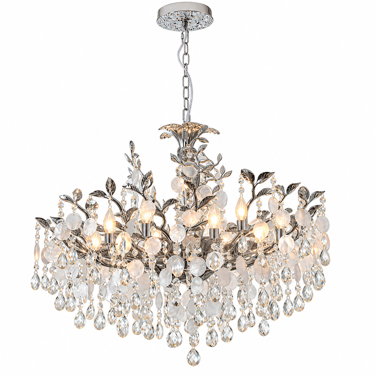 A multi-light crystal chandelier with a silver-tone metal frame featuring leaf and vine details, clear faceted crystal drops, and frosted round crystal accents, shown against a plain white background.