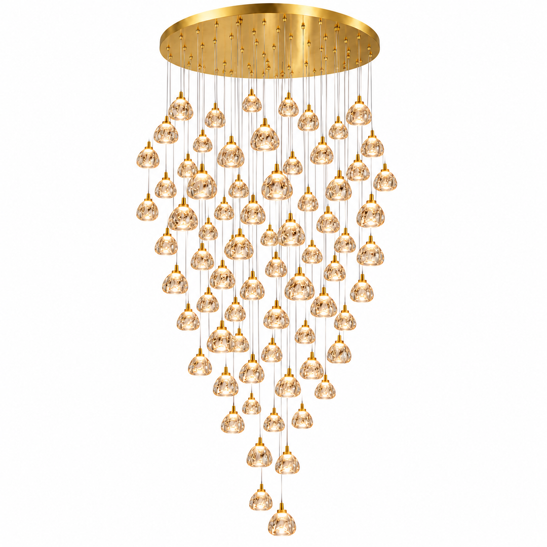 A modern multi-light chandelier with a circular gold ceiling canopy and numerous clear glass pendant globes suspended in a cascading, diamond-like arrangement against a plain white background.