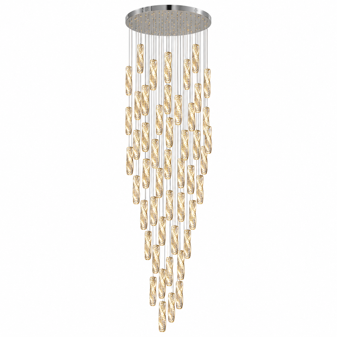 A modern multi-light linear chandelier with a circular silver ceiling canopy, featuring multiple tiers of twisted gold glass tubes suspended by thin silver wires against a plain white background.