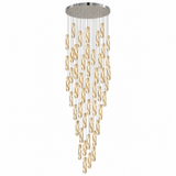 A modern multi-light linear chandelier with a circular silver ceiling canopy, featuring multiple tiers of twisted gold glass tubes suspended by thin silver wires against a plain white background.