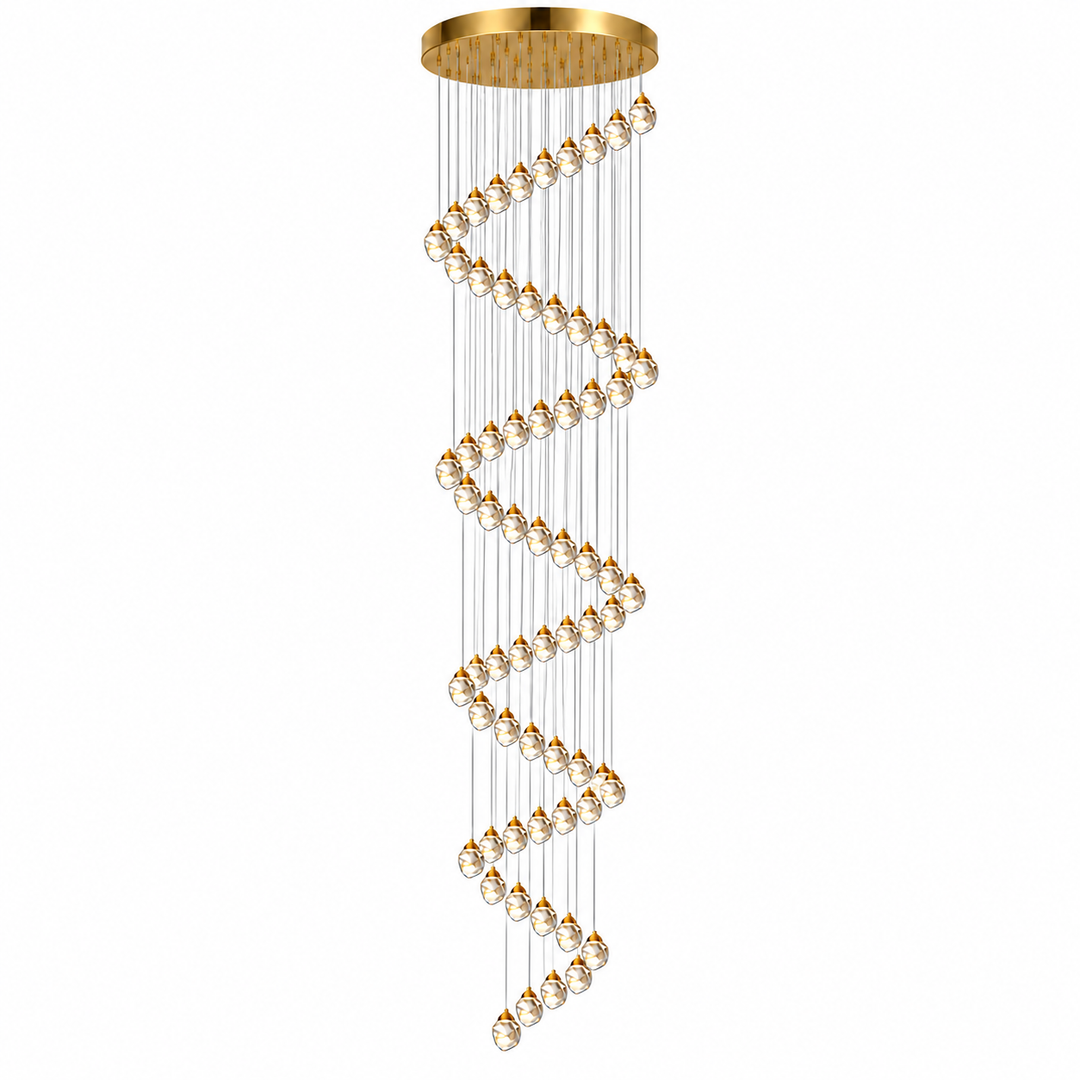 A modern spiral chandelier with a gold-finished circular ceiling canopy and multiple cascading strands of clear faceted glass beads suspended at varying lengths, shown on a plain white background.