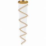 A modern spiral chandelier with a gold-finished circular ceiling canopy and multiple cascading strands of clear faceted glass beads suspended at varying lengths, shown on a plain white background.