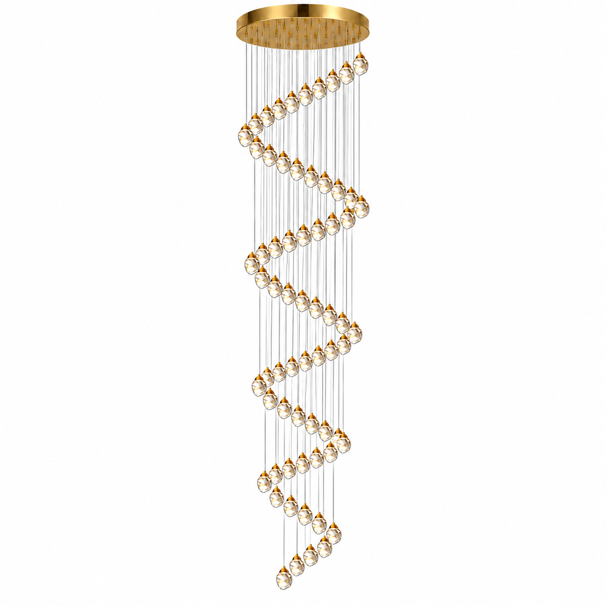 A modern spiral chandelier with a gold-finished circular ceiling canopy and multiple cascading strands of clear faceted glass beads suspended at varying lengths, shown on a plain white background.