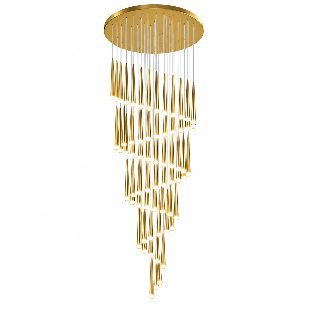 A modern gold chandelier with a circular ceiling canopy and multiple cascading cylindrical glass shades, shown against a plain white background.
