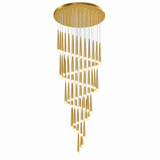 A modern gold chandelier with a circular ceiling canopy and multiple cascading cylindrical glass shades, shown against a plain white background.