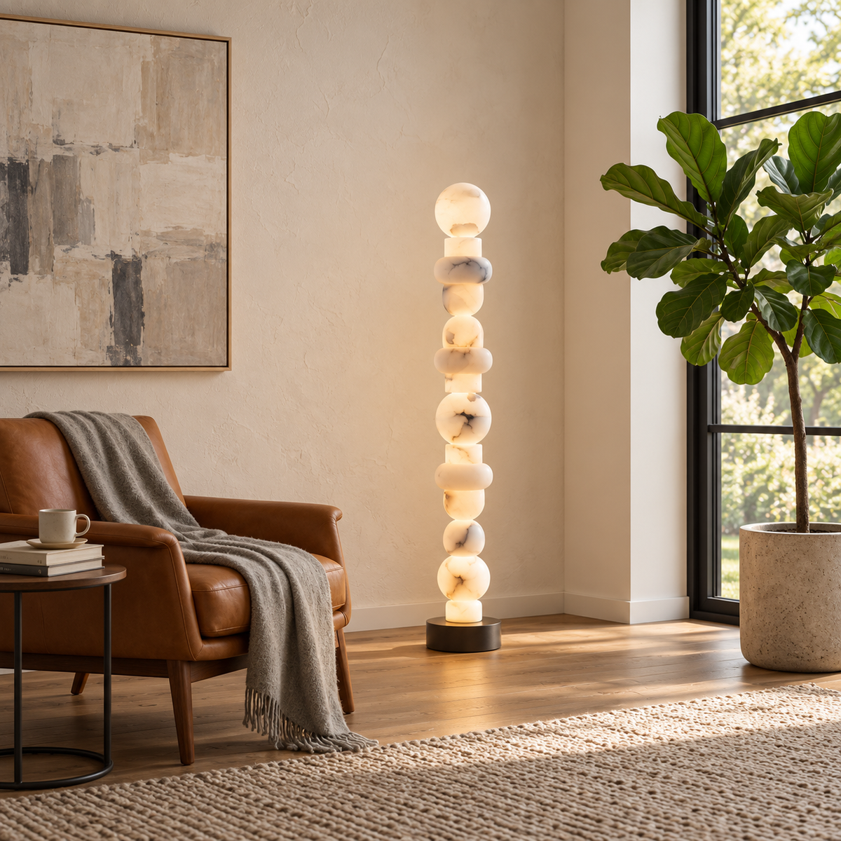 A modern floor lamp with a stacked, glowing marble sphere design stands in a sunlit living room next to a brown leather armchair and a large potted fiddle-leaf fig plant.