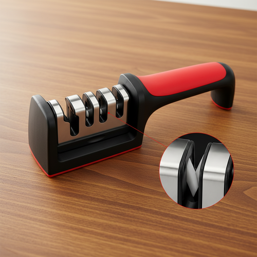 A 4-slot kitchen knife sharpener with a black and red handle, featuring a circular inset close-up of the sharpening wheel detail, shown on a white background.