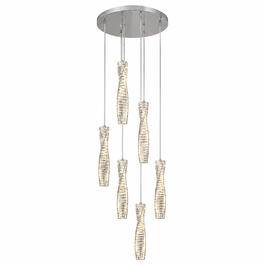 A modern multi-light linear chandelier with a brushed nickel circular canopy and six textured, ribbed glass pendant shades of varying lengths, shown against a plain white background.