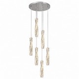 A modern multi-light linear chandelier with a brushed nickel circular canopy and six textured, ribbed glass pendant shades of varying lengths, shown against a plain white background.