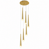 Modern gold chandelier with six tapered glass shades of varying lengths hanging from a round ceiling canopy on a white background.