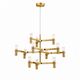 A modern multi-light chandelier with a brushed gold finish and frosted glass cylindrical shades, suspended by a thin cord against a plain white background.