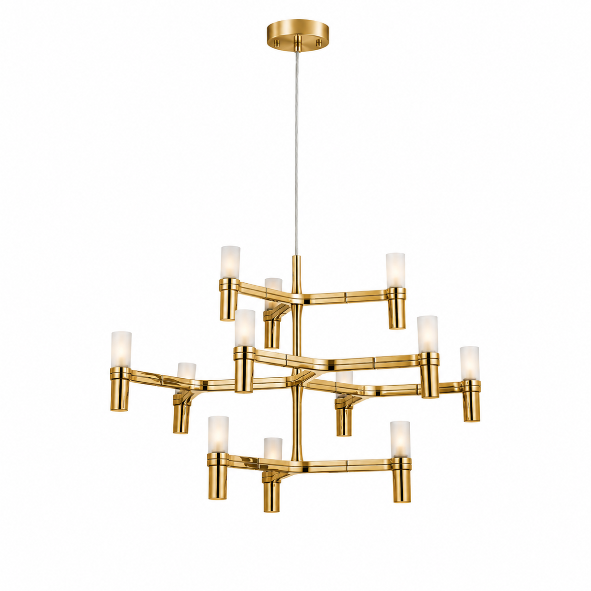 A modern multi-light chandelier with a brushed gold finish and frosted glass cylindrical shades, suspended by a thin cord against a plain white background.