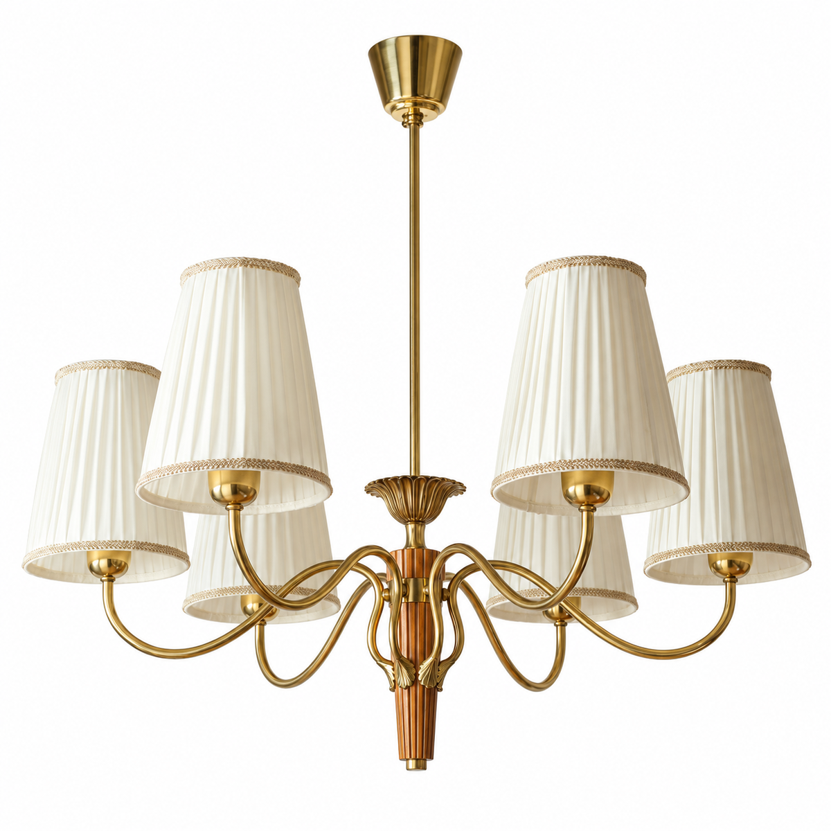 A six-light brass chandelier with pleated off-white fabric shades, shown against a solid white background.