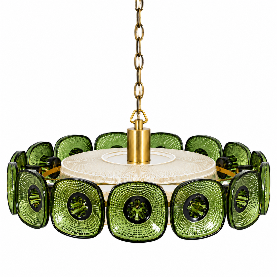A mid-century modern pendant chandelier featuring textured olive green glass square shades arranged in a circle around a cream-colored central disc and a brass suspension chain.