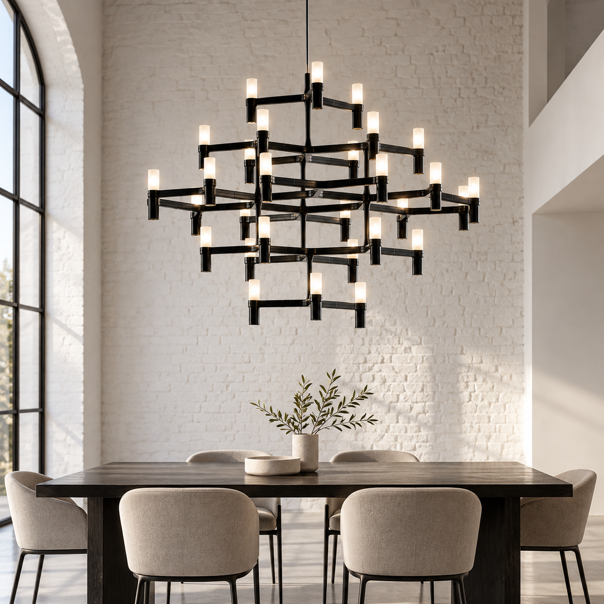 A modern multi-tier black metal chandelier with illuminated candle-style bulbs hangs above a dark wood dining table and upholstered chairs in a bright dining room with a white brick wall.