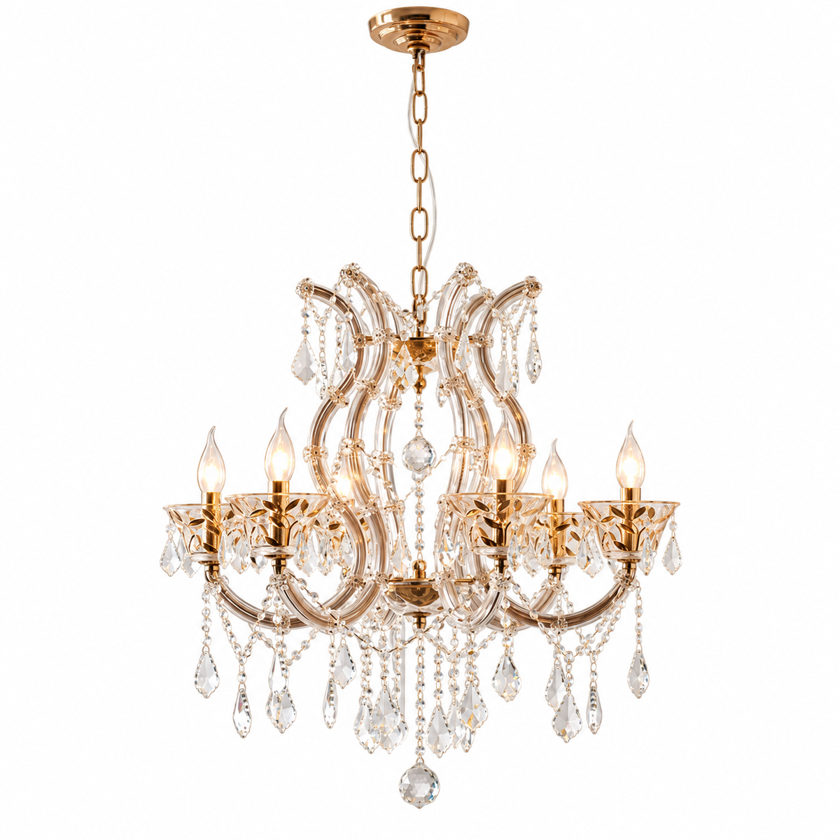 A multi-light crystal chandelier with a polished gold-tone metal frame, featuring six candle-style bulbs, clear hanging crystal drops, and a chain-and-ceiling mount, shown against a plain white background.