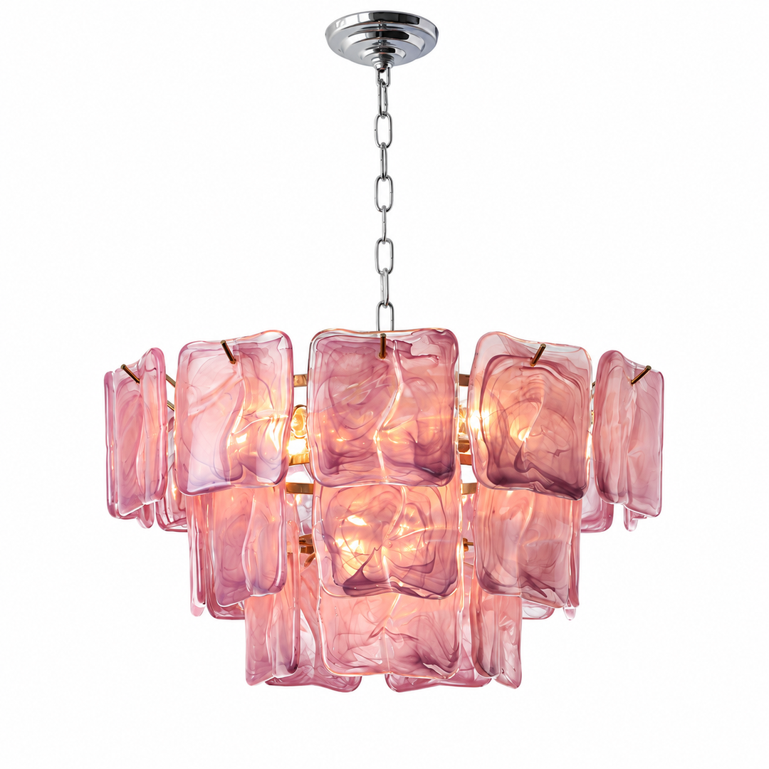A modern chandelier featuring multiple rectangular pink glass shades with a brushed silver metal chain and canopy, shown against a plain white background.