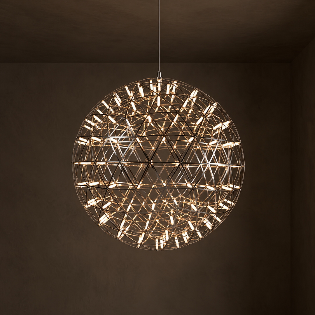Pendant light with a spherical metal lattice and illuminated tubes fills the view against a dark brown background.