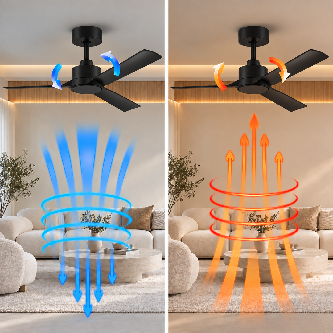 A split-screen comparison showing a black ceiling fan installed in a living room, with airflow graphics overlaid below. The left side shows blue downward airflow, and the right side shows orange upward airflow, illustrating fan performance in a real interior setting.