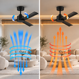 A split-screen comparison showing a black ceiling fan installed in a living room, with airflow graphics overlaid below. The left side shows blue downward airflow, and the right side shows orange upward airflow, illustrating fan performance in a real interior setting.