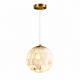 A modern pendant light with a circular gold ceiling canopy, a white cord, and a spherical glass shade made of textured, marbled cream and gold-toned glass panels, shown against a solid white background.