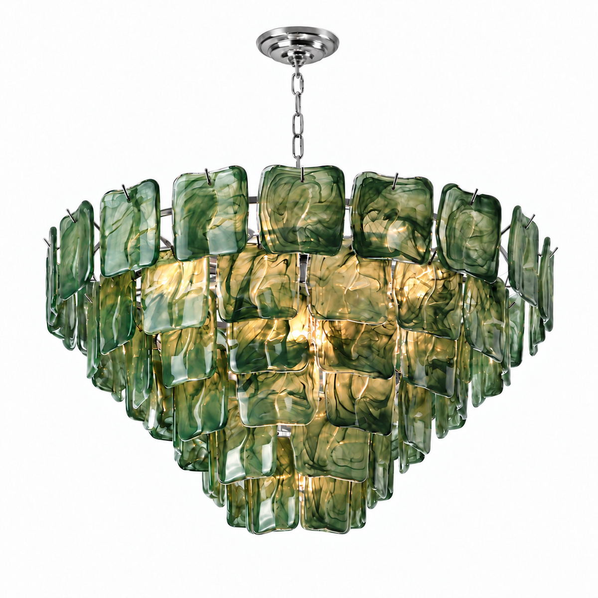 A modern multi-tier chandelier featuring textured green and amber glass panels suspended in a circular arrangement, with a polished silver metal chain and ceiling canopy, shown against a plain white background.