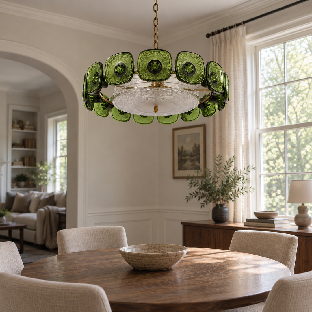 A mid-century modern chandelier with green glass pendant lights and a white glass center disc, hanging in a bright, elegant dining room with a wooden table and neutral chairs.